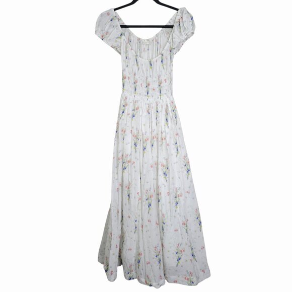 Doen Quinley Midi Dress Painted Bouquet White Floral Puff Sleeve Size XXS - Picture 3 of 10